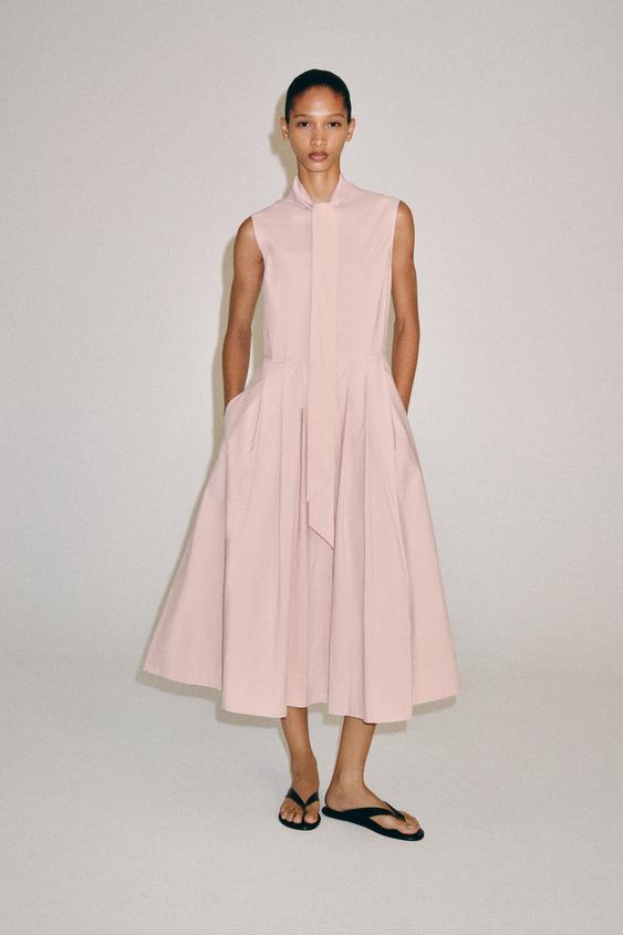 zara pink dresses A $60 Satin Slip Dress Is Taking Over TikTok High neck with tie detail and sleeveless design EMBROIDERED EYELET MIDI DRESS -
