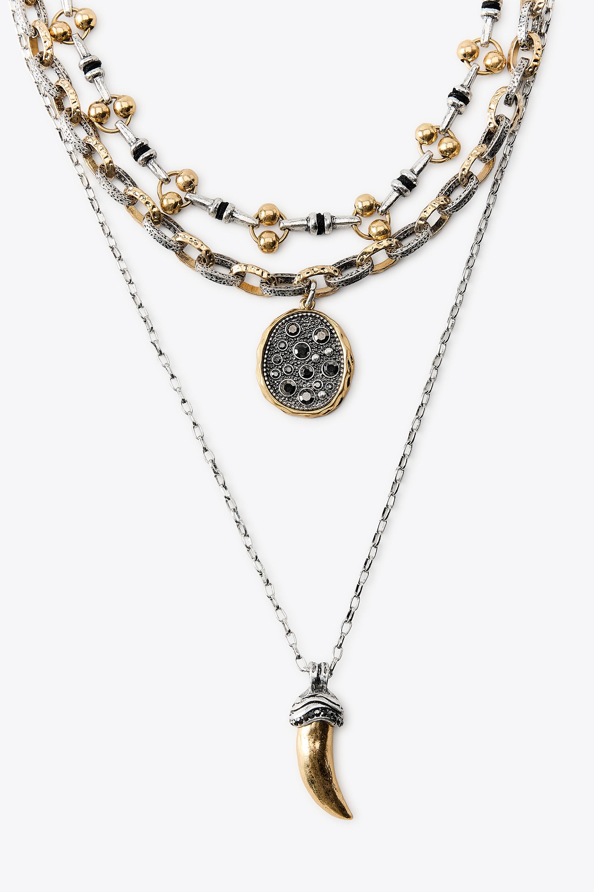 PACK OF 3 NECKLACES WITH HORN AND DIAMANTES - Golden | ZARA