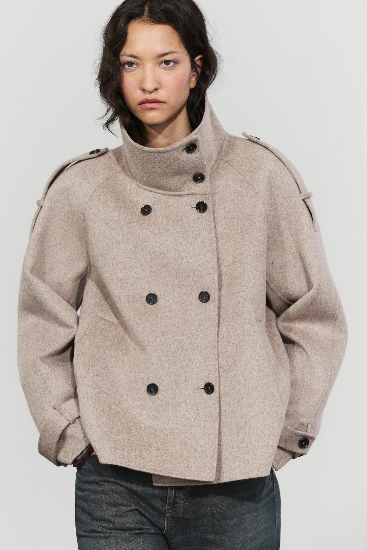 Cropped button detail trench coat — Brown