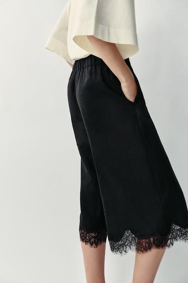 LINEN BLEND LONG BERMUDA SHORTS WITH LACE - Black by Zara