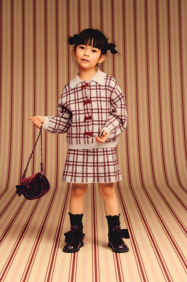 CHECKED CARDIGAN WITH VELVET BOWS - Red by Zara