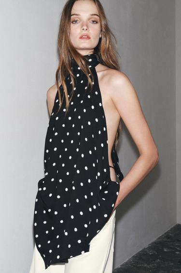 Zara POLKA DOT HALTER TOP ZW COLLECTION - Black / Ecru