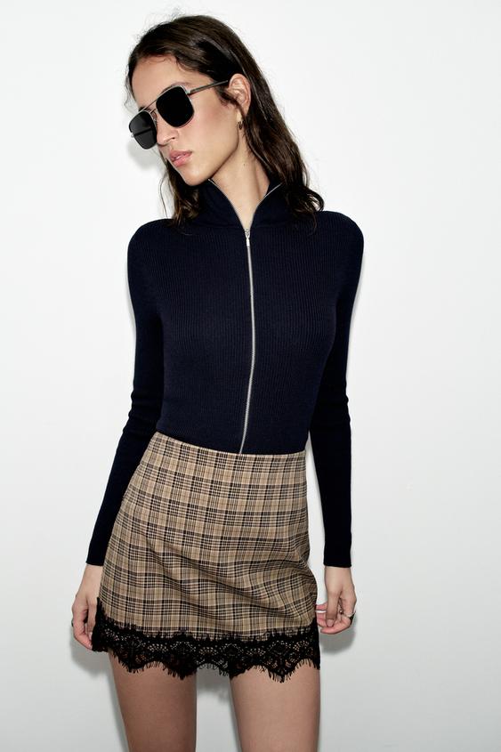 JUPE-PANTALON À CARREAUX EN DENTELLE - Noir / Marron de Zara - Image 2