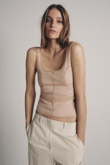 Zara TULLE STITCHING TOP - Beige-pink