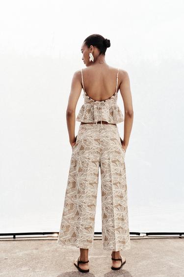 PANTALON JUPE-CULOTTE BRODÉ - Beige / Marron clair de Zara - Image 4