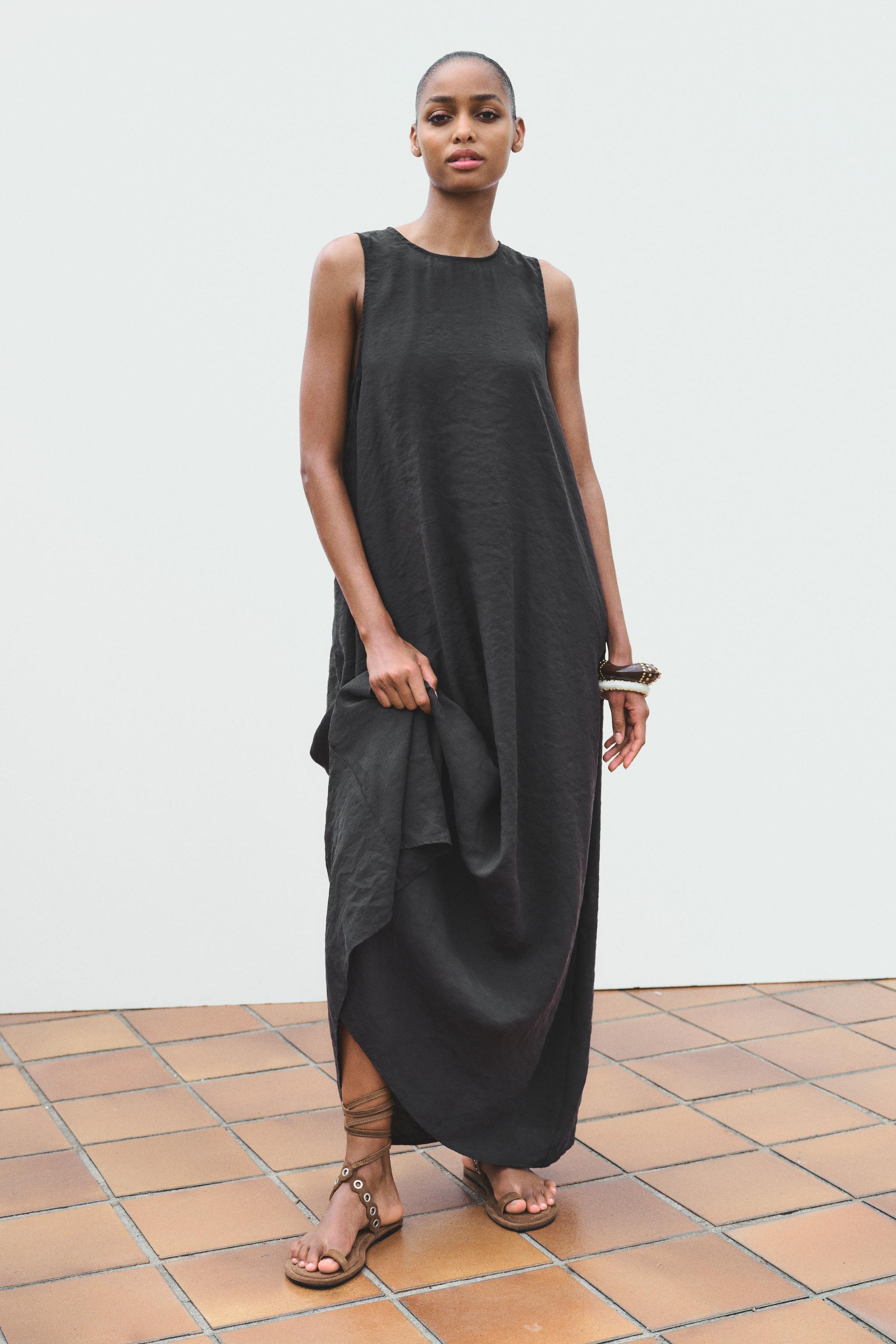 【新品】ZARA ザラ　ロング クレープワンピース ブラック　フレンチスリーブ ZARA ノースリーブクレープワンピース - メルカリ