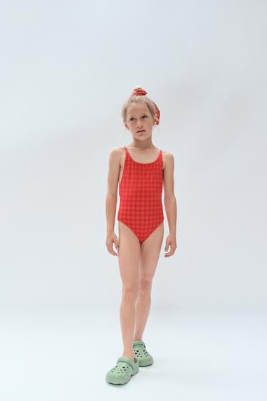 Zara 2-14 YEARS/ GINGHAM SWIMSUIT LIMITED EDITION - Coral red