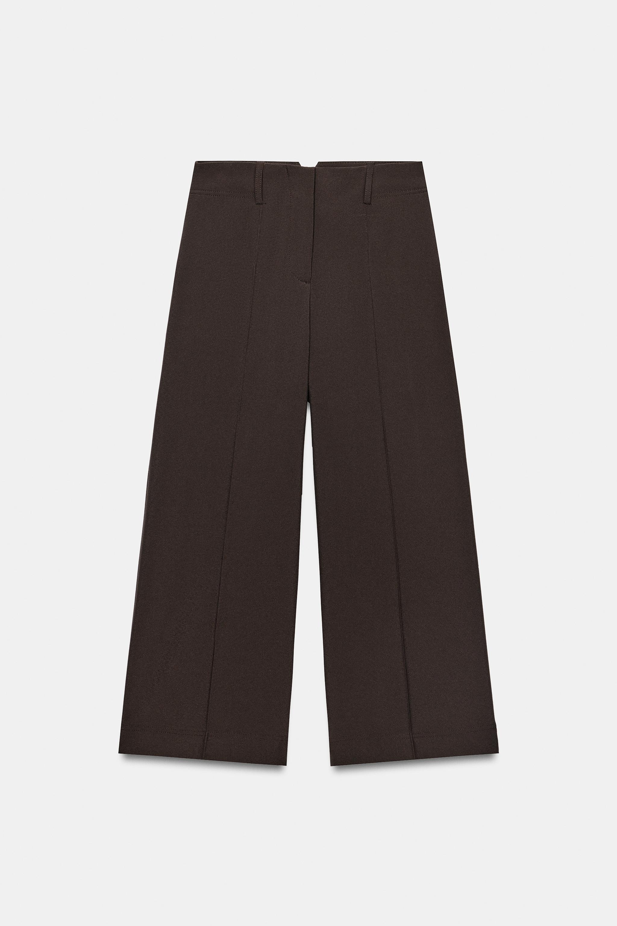 CROPPED WIDE-LEG TROUSERS — Brown