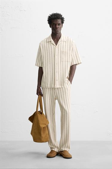 Zara STRIPED TEXTURED TERRY PANTS - Ecru / Navy