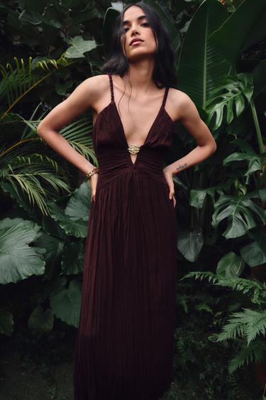 METALLIC DETAIL MIDI DRESS - Burgundy by Zara