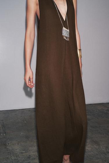ROBE MI-LONGUE MÉLANGE LIN ZW COLLECTION - Chocolat de Zara - Image 3