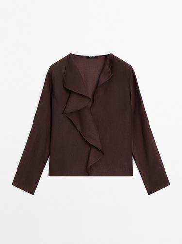 Zara Ruffled V-neck shirt - Brown - Image 0