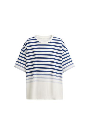 Front view of blue and white striped t-shirt with short sleeves.