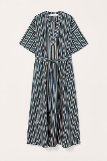 Zara LIMITED EDITION STRIPED BELTED DRESS - Brown-Blue