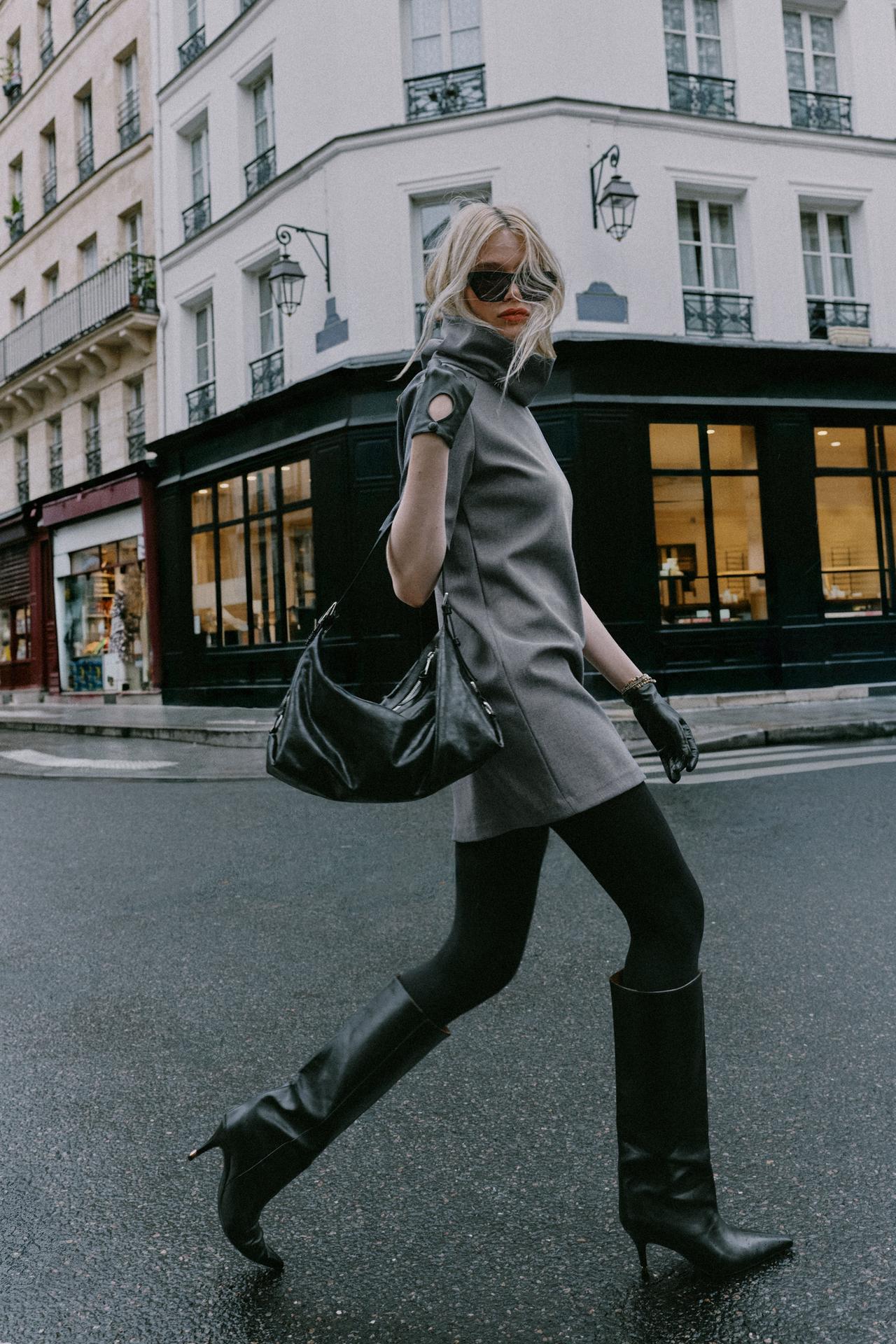 HIGH-NECK MINI DRESS — Gray marl