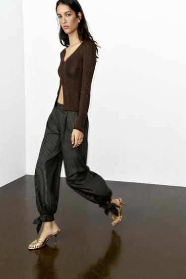 METALLIC THREAD TIE BLOWOUT PANTS — Black / Green 1