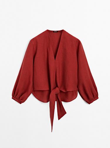 Zara 100% linen blouse with tie detail - Dark red