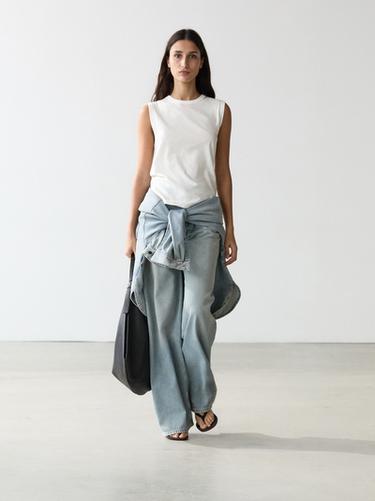 Zara Sleeveless linen blend T-shirt - Oyster-white - Image 0