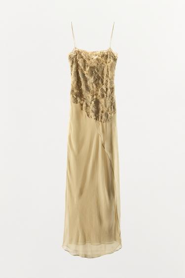 ROBE EN GEORGETTE AVEC DENTELLE EN RELIEF - Jaune de Zara - Image 6