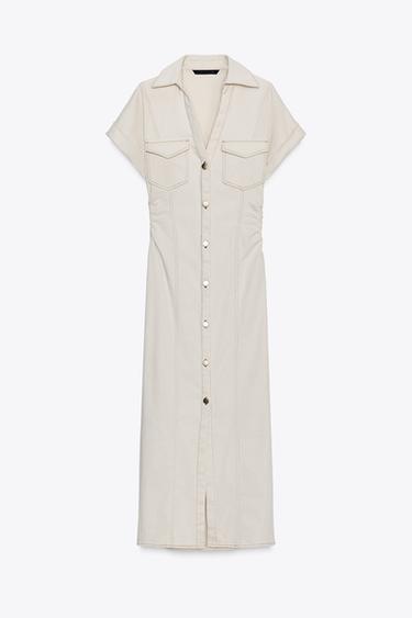 MIDI DRESS WITH GATHERED WAIST - Ecru by Zara - Image 6