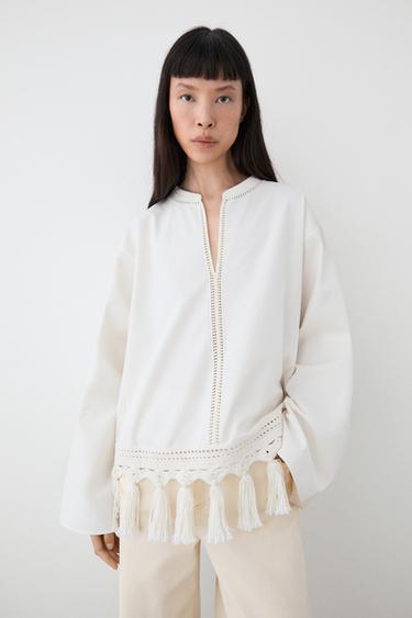 Zara Embroidered blouse with fringed hem - White