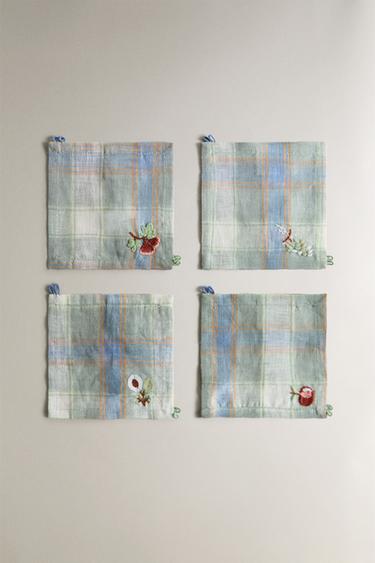 SET OF CHECKED LINEN COASTERS (SET OF 4) - Green / Blue by Zara