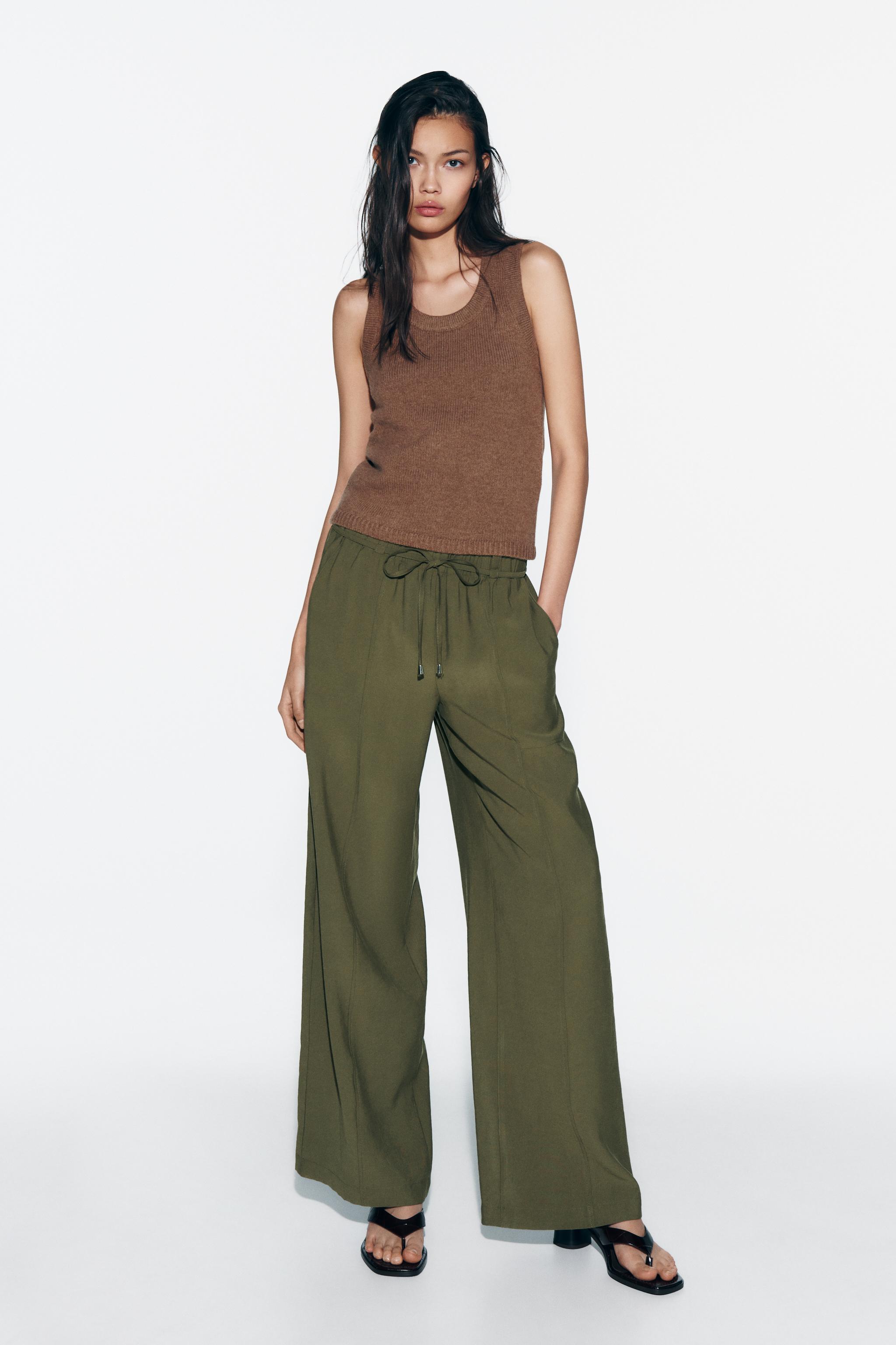 ELASTIC WAIST WIDE LEG PANTS - Khaki