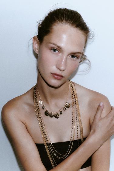 PACK OF 3 CHAIN BEAD CHARM NECKLACES - Aged gold by Zara