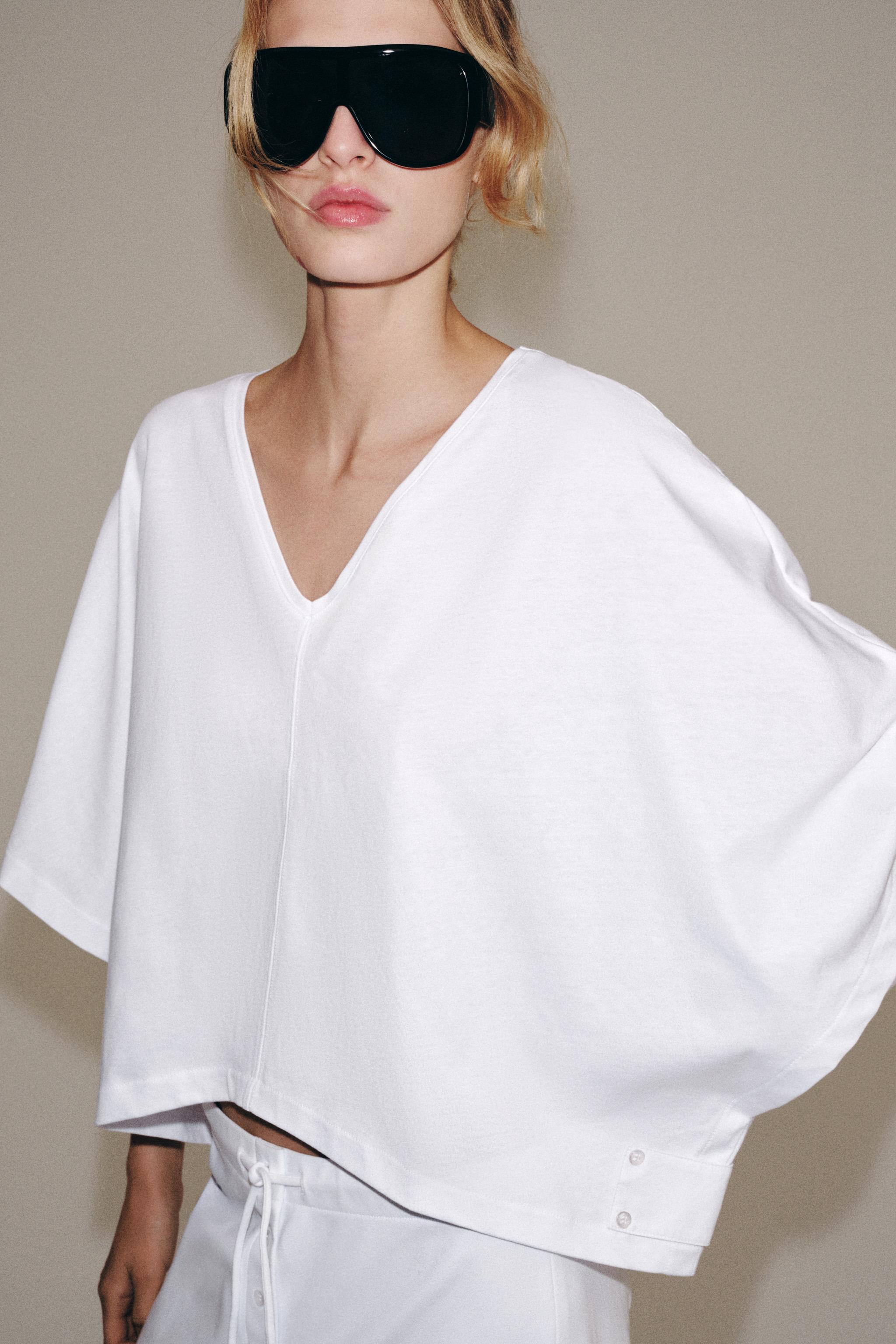 COTTON CAPE-SLEEVE T-SHIRT — White