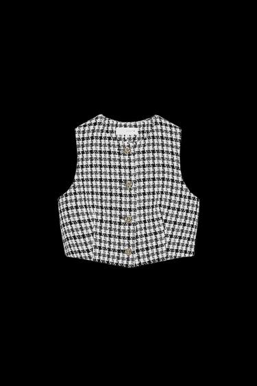 Zara SHORT TEXTURED WAISTCOAT - Ecru / Black