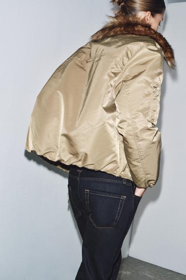 Zara ZW COLLECTION FAUX FUR COLLAR BOMBER JACKET - Olive green