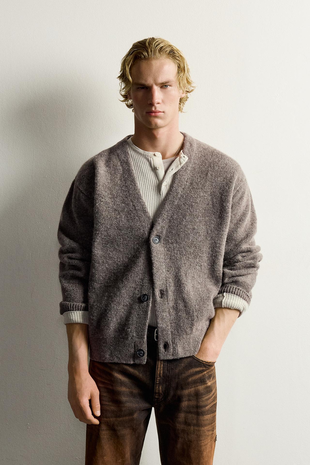 WOOL-BLEND RELAXED FIT CARDIGAN — Gray