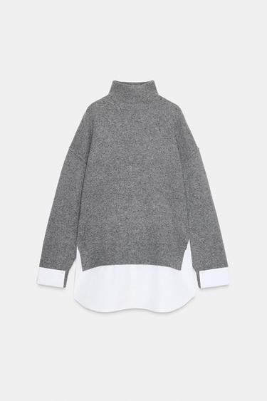 KNIT SWEATER WITH CONTRAST POPLIN - White / Grey by Zara - Image 2