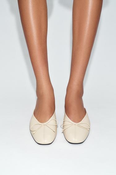 LEATHER SLINGBACK BALLET FLATS WITH BOW - Ecru White by Zara