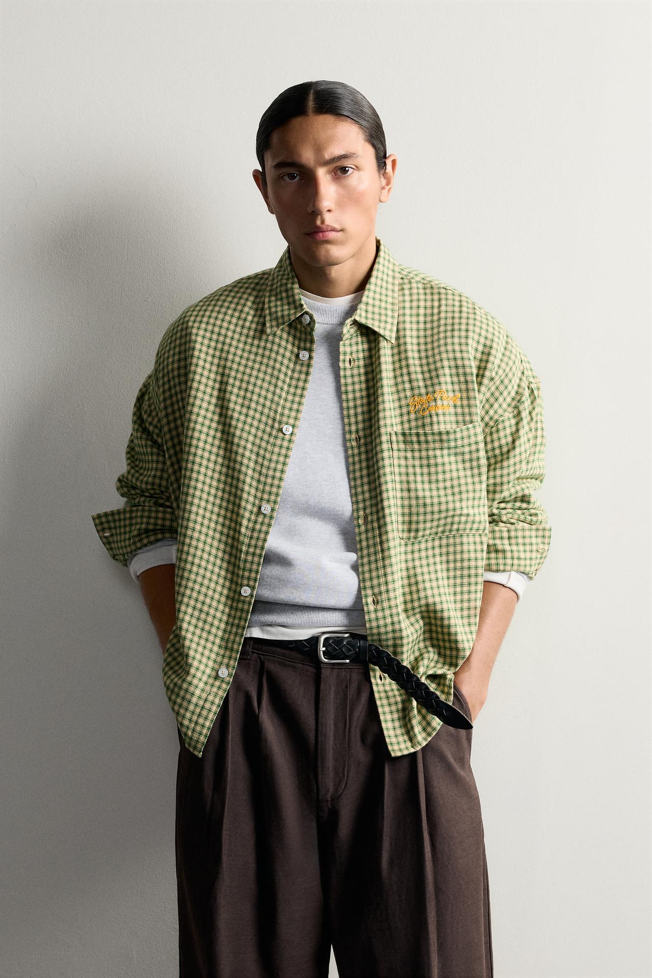 EMBROIDERED PLAID SHIRT — Green / Ecru