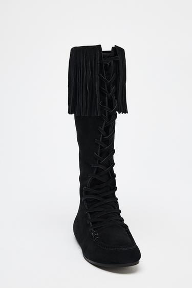 BOTTES À FRANGES ET LACETS EN CROÛTE DE CUIR - Noir de Zara - Image 4