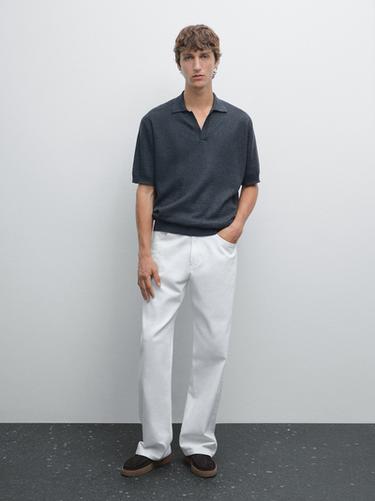 Zara Linen and cotton knit polo shirt - Navy blue - Image 0