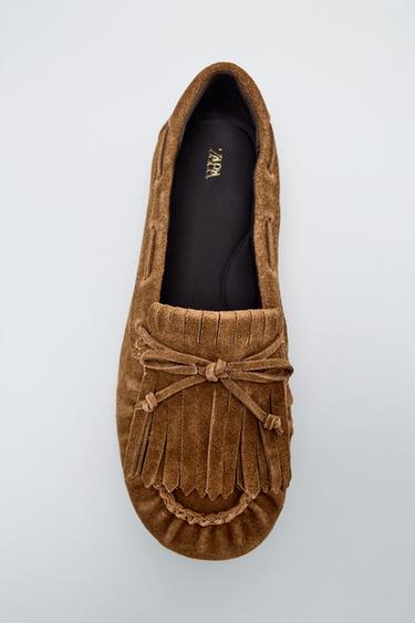 Zara FRINGED SPLIT SUEDE LOAFERS - Dark tan