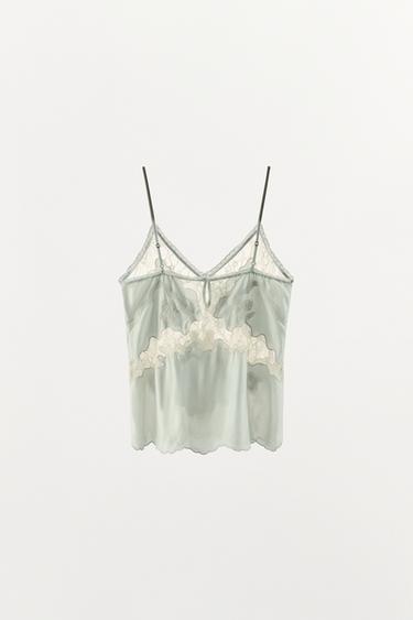 SATIN TOP WITH EMBROIDERED LACE - Greenish by Zara - Image 5