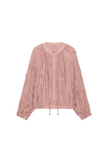 Zara OVERSIZED TEXTURED FLORAL JACKET - Pastel pink