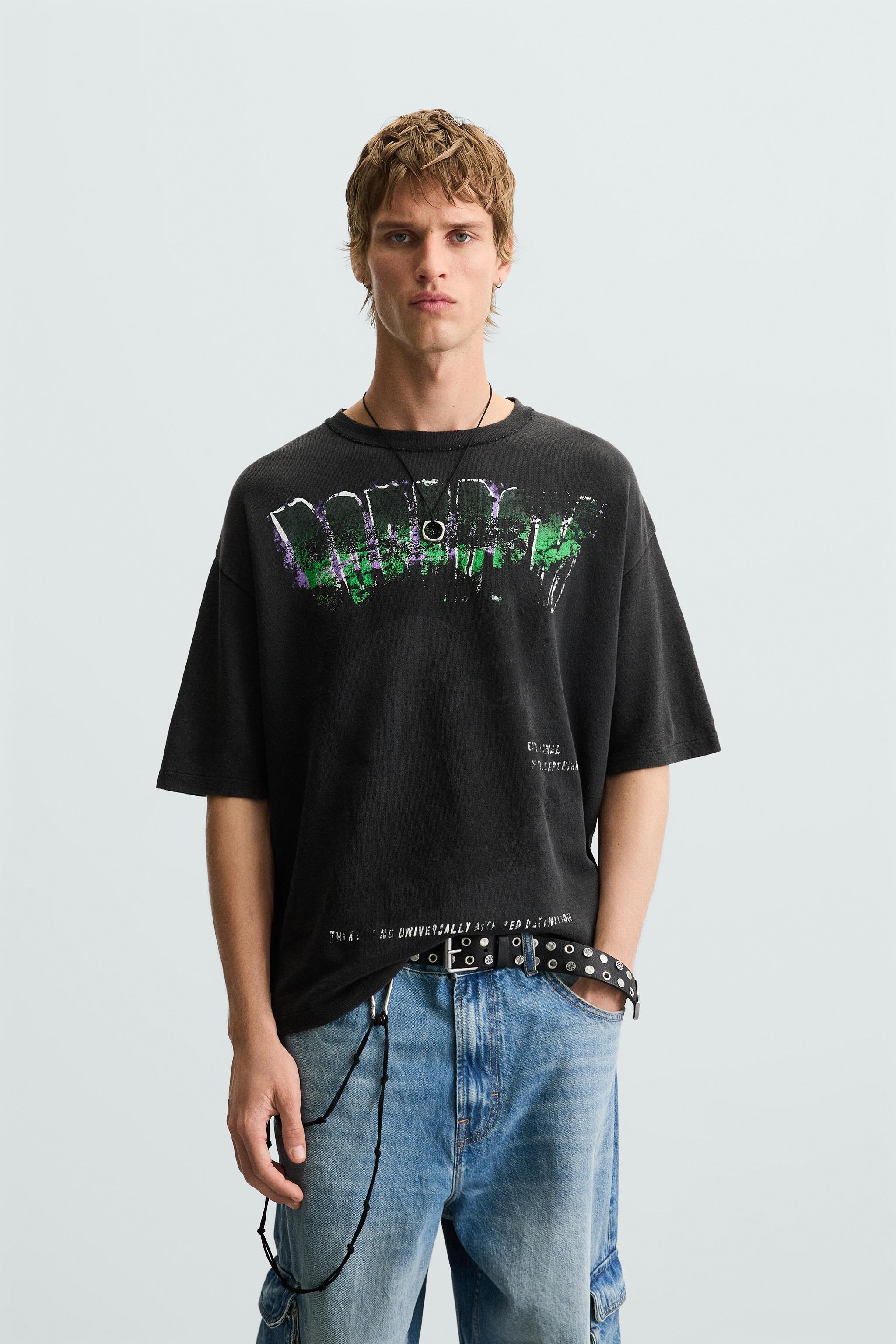 CAMISETA DE MALHA ESTAMPADO EFEITO LAVADO - Cinza-antracito | ZARA