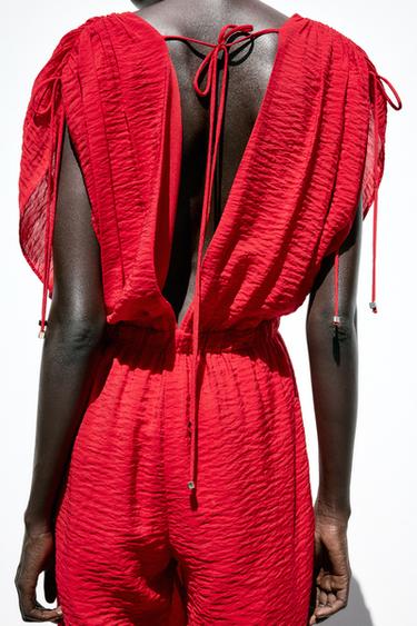 Zara WIDE V-NECK JUMPSUIT - Red