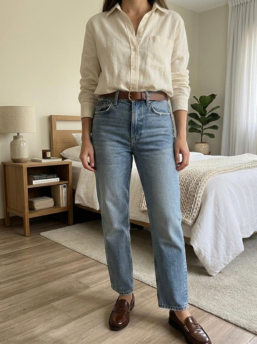 Woman in a white shirt, blue jeans, and brown loafers in a minimalist bedroom with a bed, bedside table, and plant.