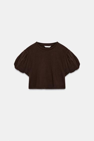 CROPPED VOLUME SLEEVE T-SHIRT - Chocolate by Zara