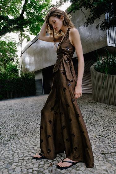 TOP À ENCOLURE AMÉRICAINE PAILLETTES - Marron de Zara - Image 3