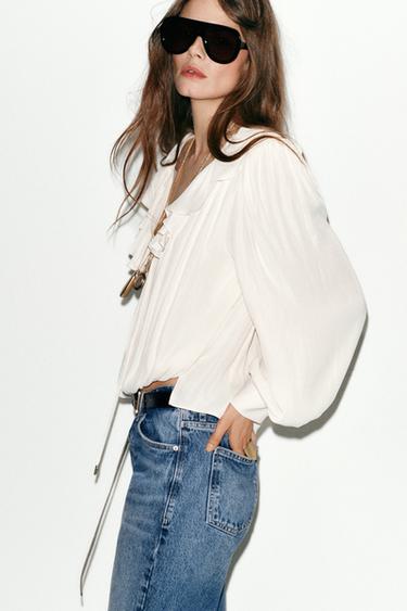 SATIN BLOUSE WITH RUFFLES AND SHOULDER PADS - Ecru by Zara - Image 6