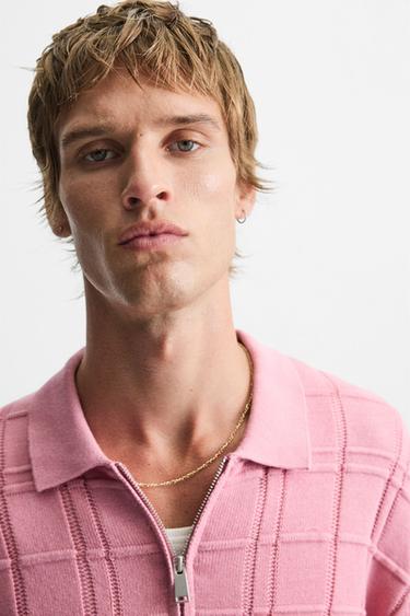 CHECKERED JACQUARD KNIT POLO SHIRT - Pink by Zara - Image 4