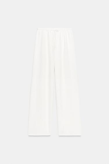 Zara RUSTIC WIDE LEG PANTS - Ecru