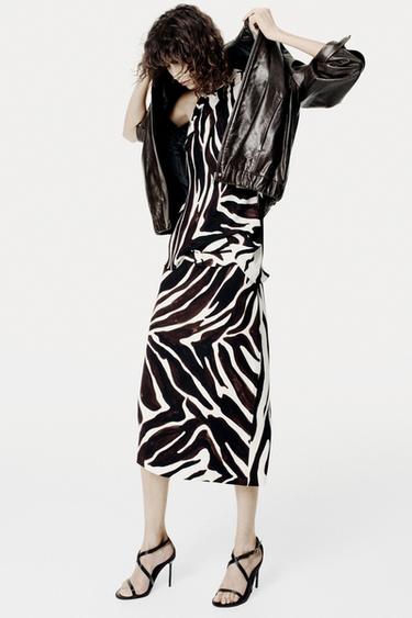 ZW COLLECTION ANIMAL PRINT HALTER TOP - Ecru / Black by Zara