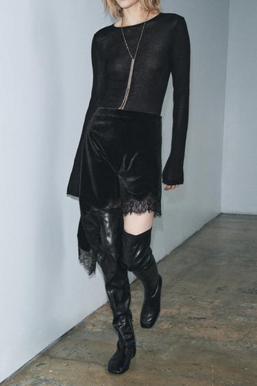 Zara ASYMMETRIC VELVET LACE SKIRT ZW COLLECTION - Black